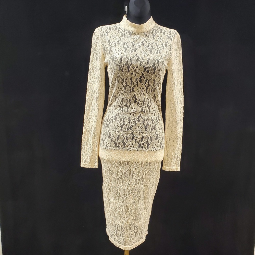 House Of Cb Lace Midi Dress Size S Sheer Metallic‎ Gold Long Sleeve Fairy Glam